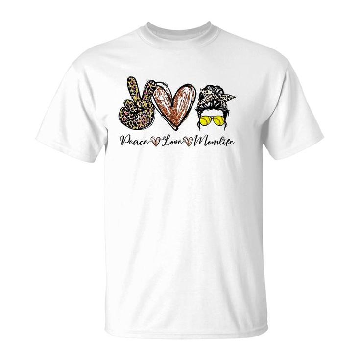 Peace Love Momlife Softball Messy Bun Skull Mother's Day T-Shirt
