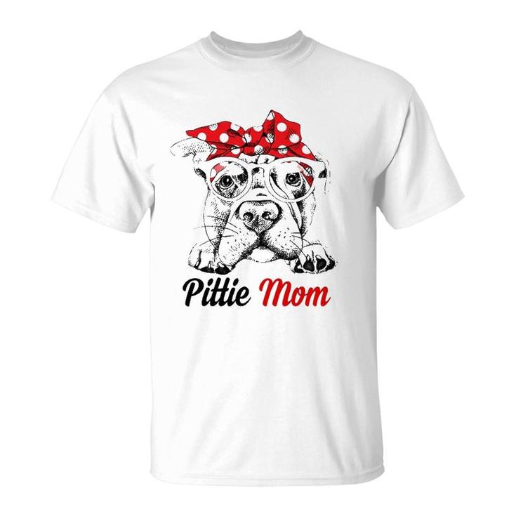 Pittie Mom With Red Bandana Headband Dog Mom Mother's Day T-Shirt