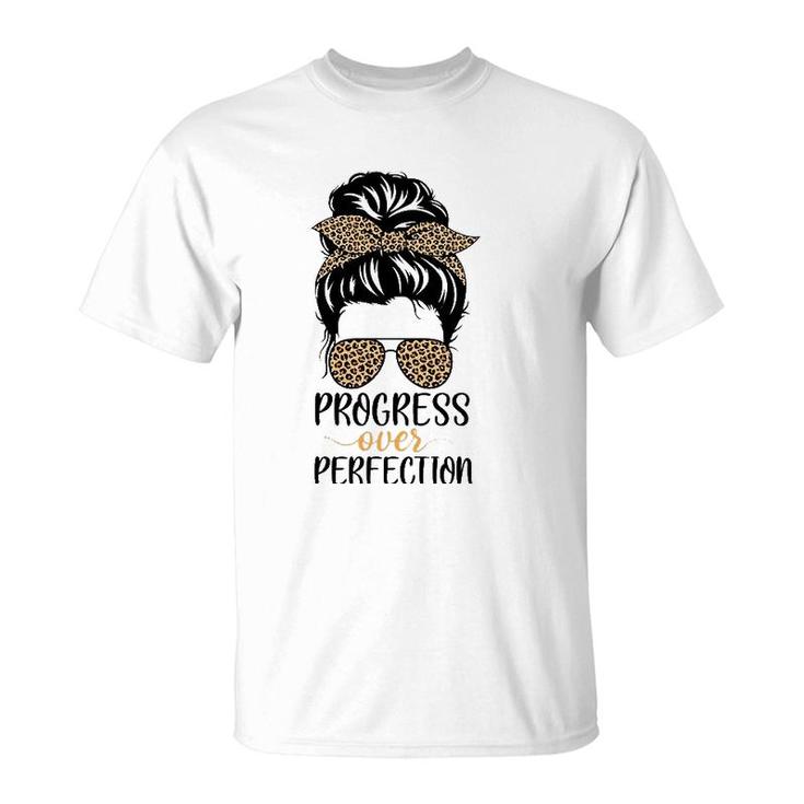 Progress Over Perfection Messy Bun Hair Teacher Leopard T-Shirt