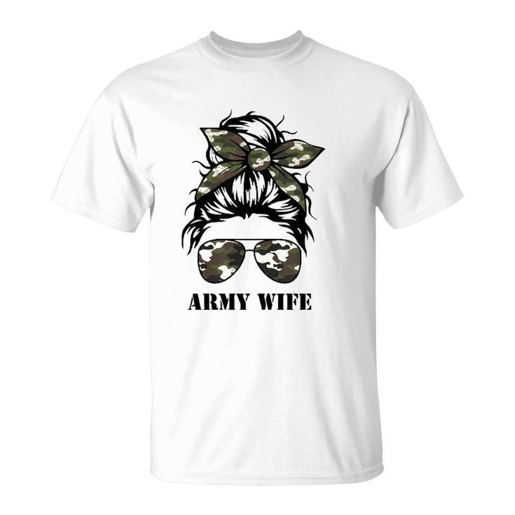 Proud Army Wife Messy Bun Camo Flag Spouse Military Pride Pullover T-Shirt