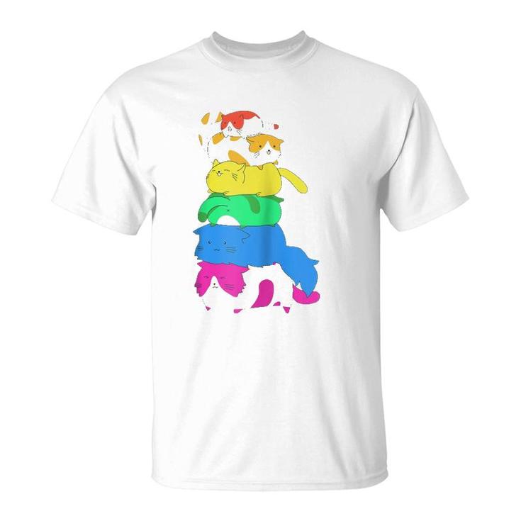 Purride Rainbow Lgbt Cat Pile Funny Feline Gay Pride Cat  T-Shirt