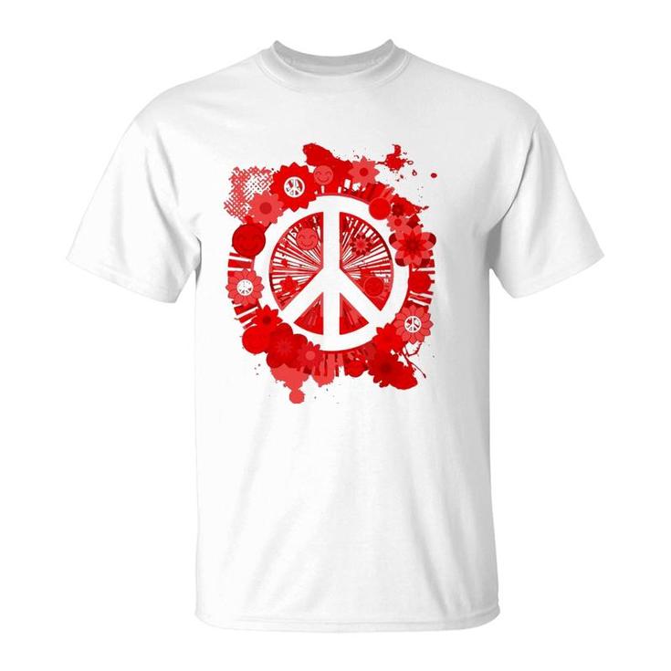 Red Peace Sign 70S Hippie Happiness Flowers T-Shirt