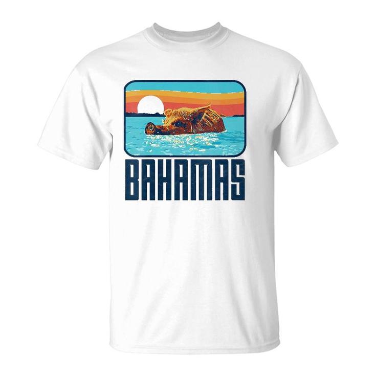 Retro Bahamas Swimming Pig Funny Vintage Feral Hog Beach T-Shirt