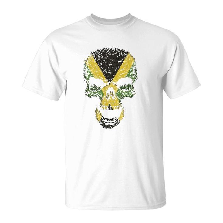 Skull With Jamaica Flag Skeleton Jamaican Roots T-Shirt