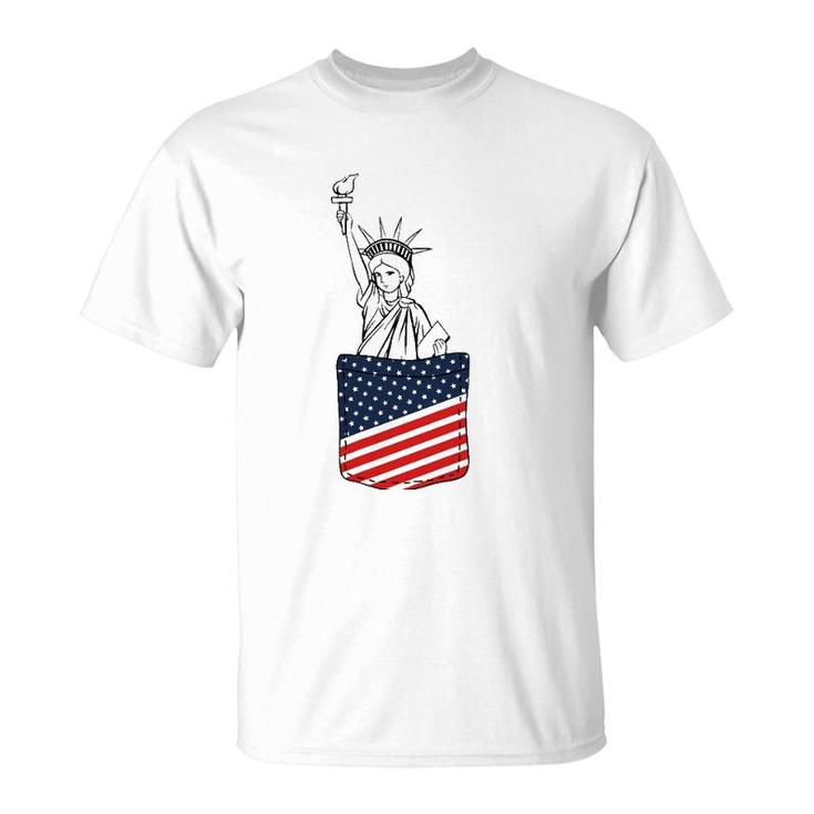 Statue Of Liberty Pocket 4Th Of July Patriotic American Flag T-Shirt