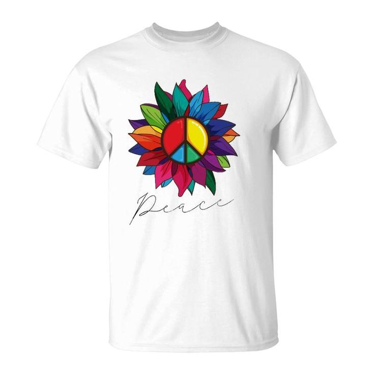 Sunflower Flower Rainbow Peace Sign World Retro Hippie 70'S T-Shirt