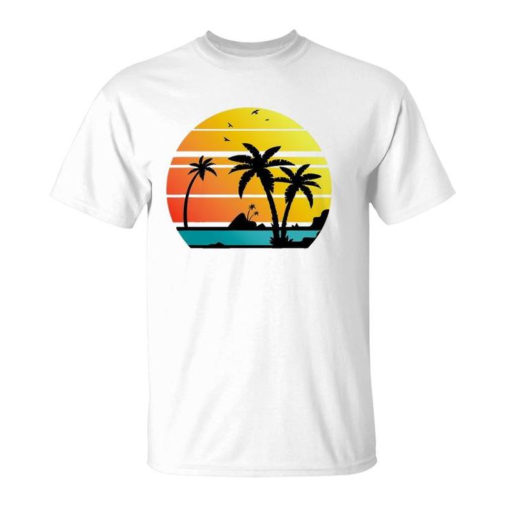 Sunset Coconut Palm Trees Summer Vibes Retro Tropical Summer T-Shirt