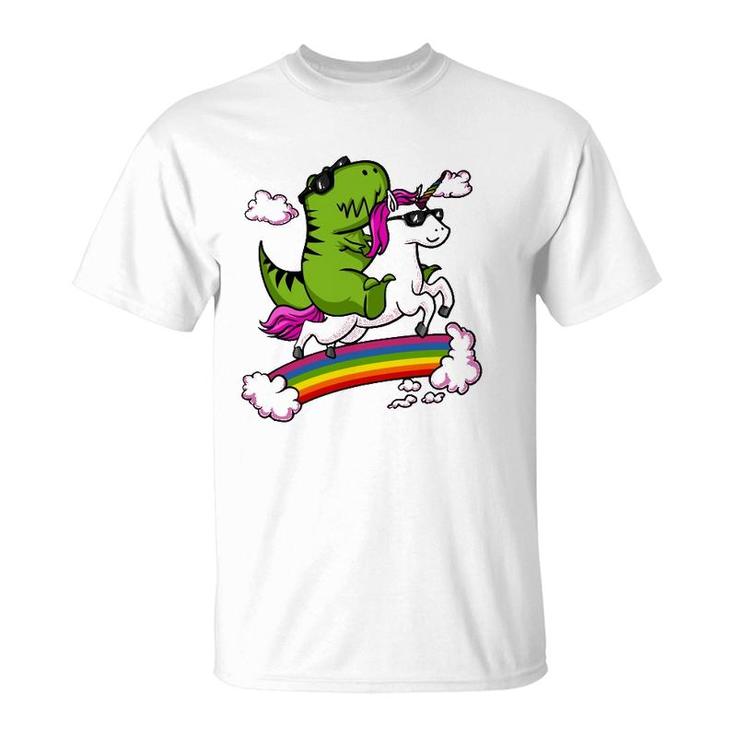 T-Rex Dinosaur Riding Unicorn Funny Rainbow T-Shirt
