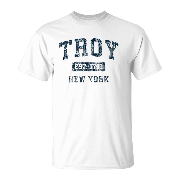 Troy New York Ny Vintage Sports Design Navy Print  T-Shirt