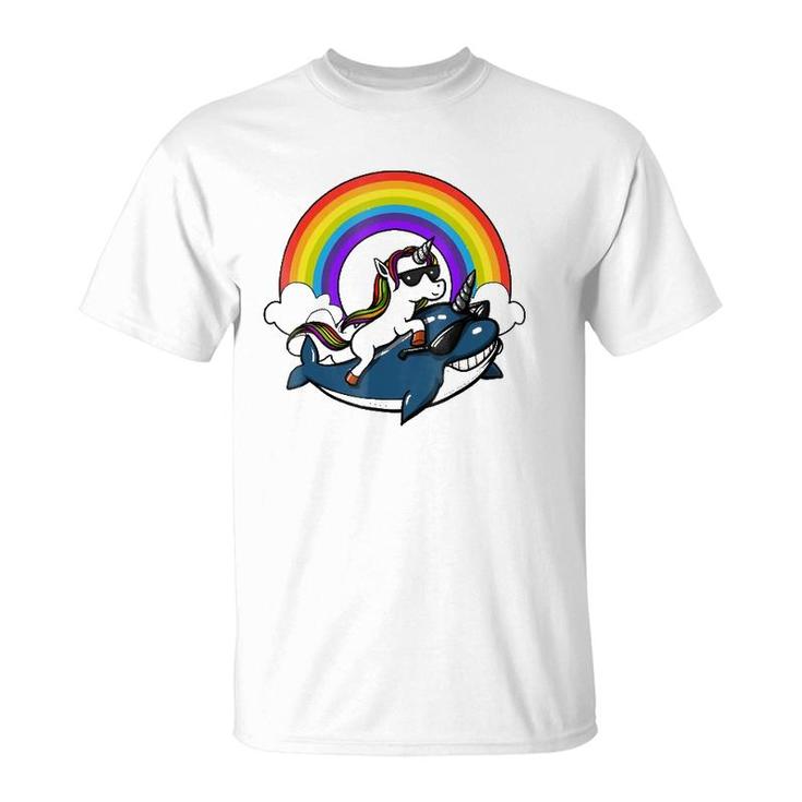 Unicorn Riding Narwhal Fish Magical Rainbow T-Shirt