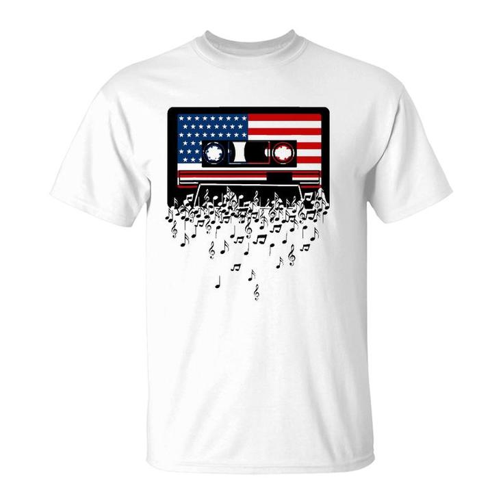 Usa American Flag Music Notes & Retro Cassette 4Th Of July T-Shirt