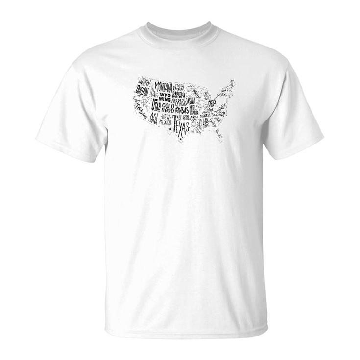Usa Map Outline With State Names Graphic T-Shirt