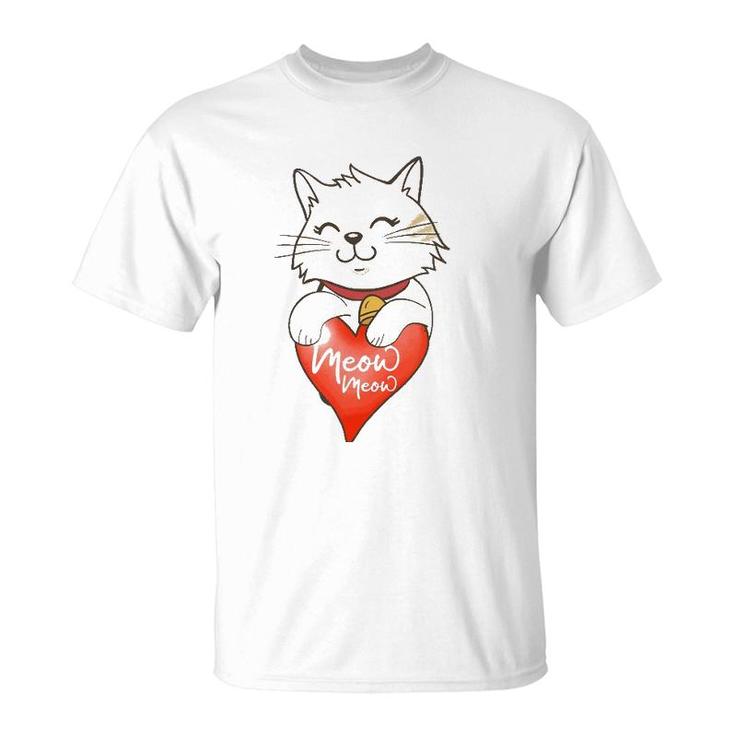 Valentine Cat Love Heart Meow Meme Valentine Lover Couple T-Shirt