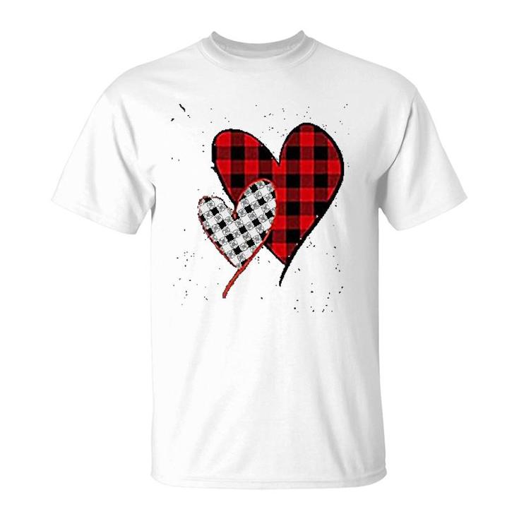 Valentines Day Buffalo Plaid Love Heart Print Graphic Casual T-Shirt
