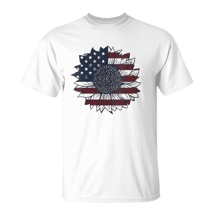 Vintage 4Th Of July Patriotic American Flag Sunflower V-Neck T-Shirt