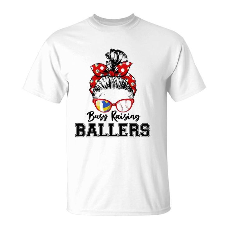 Womens Busy Raising Ballers Classy Volleyball And Baseball Lover T-Shirt