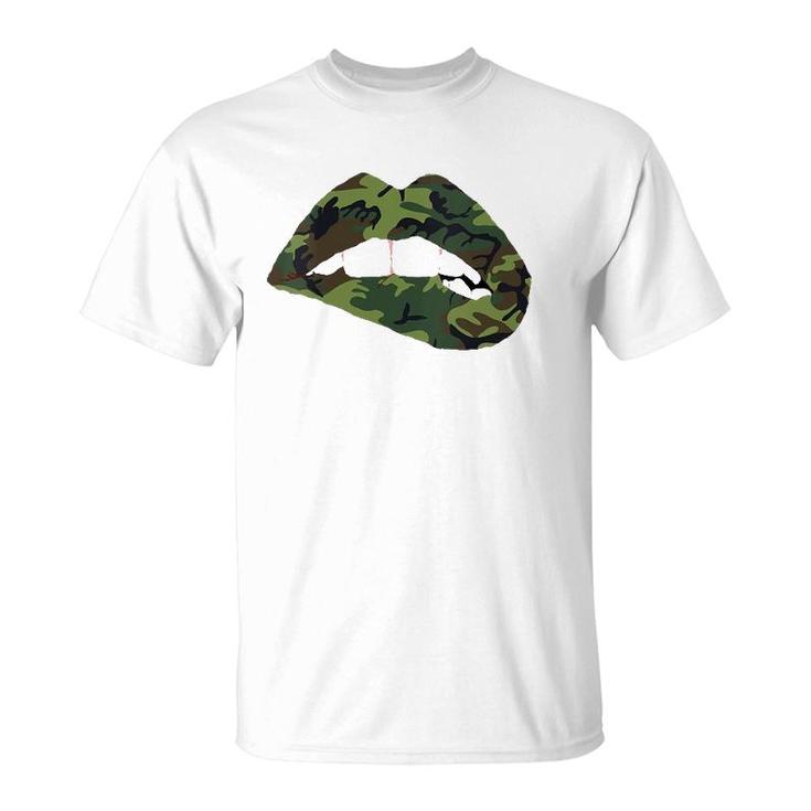 Womens Camouflage Lips Mouth Military Kiss Me Biting Camo Kissing V-Neck T-Shirt