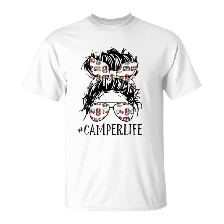 Womens Camper Life Messy Bun Hair Mother's Day Camping Lovers Tees V-Neck T-Shirt