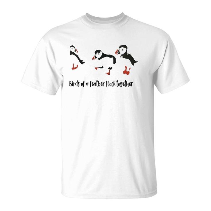 Womens Cute Birds Of A Feather Flock Together Playful Puffins  T-Shirt