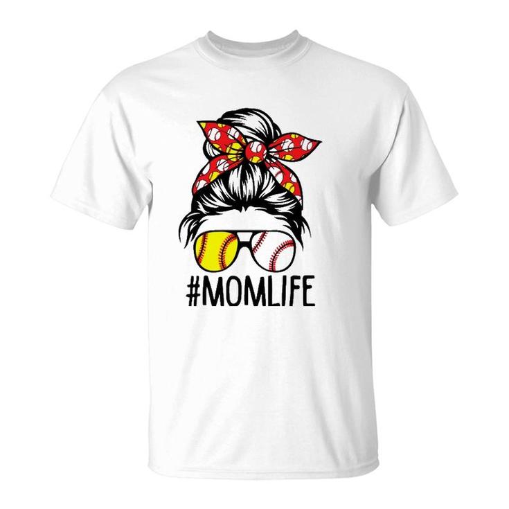 Womens Dy Mom Life Softball Baseball Mothers Day Messy Bun  T-Shirt