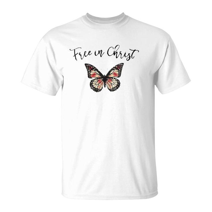 Womens Free In Christ Christian Butterfly V-Neck T-Shirt