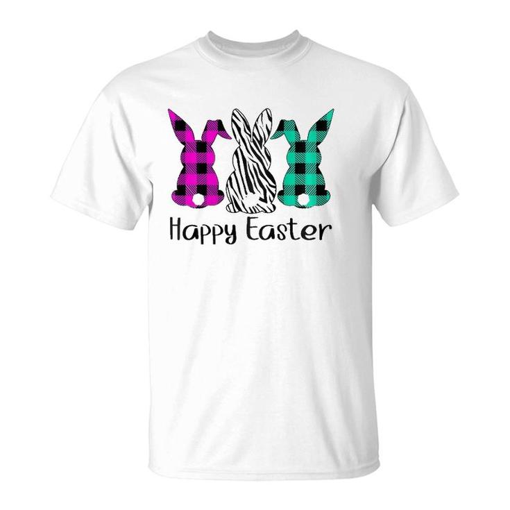 Womens Happy Easter Plaid Zebra Print Bunnies Easter  T-Shirt