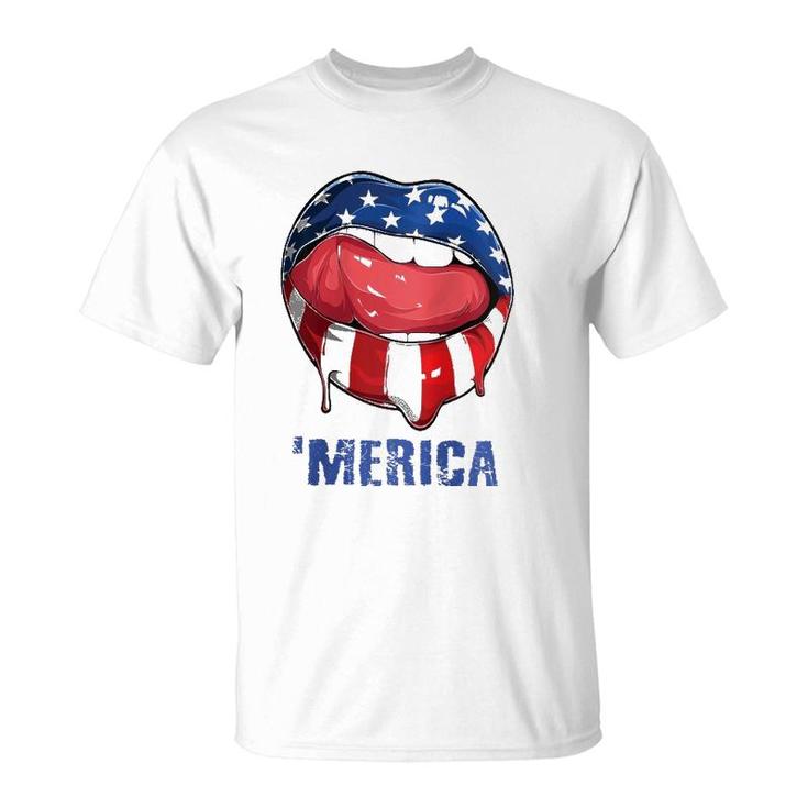 Womens 'Merica American Flag Mouth Lips 4Th Of July Teens Women Raglan Baseball Tee T-Shirt