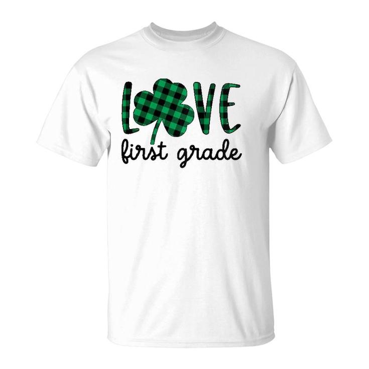 Womens St Patrick's Day Love First Grade Teacher Plaid Shamrock Raglan Baseball Tee T-Shirt