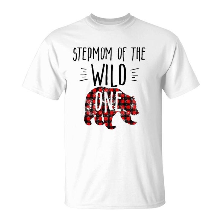 Womens Stepmom Of Wild One Buffalo Plaid Lumberjack 1St Birthday T-Shirt