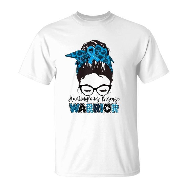 Womens Tu Messy Bun Blue Ribbon Huntington's Disease Awareness T-Shirt