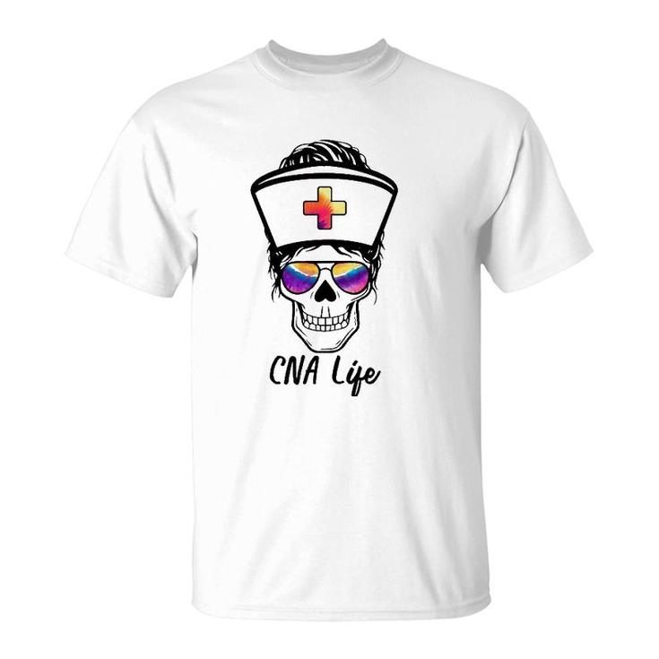 Womens Tu Messy Bun Skull Nurse Cna Life Nursing Tie Dye Gift T-Shirt