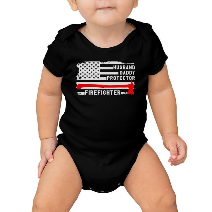 Mens Husband Daddy Protector Firefighter American Flag Fireman Baby Onesie