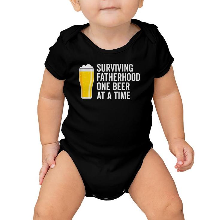 Mens Surviving Fatherhood One Beer At A Time Cool Fathers Day  Baby Onesie
