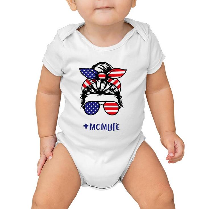 4Th Of July Hashtag Momlife Messy Bun Wearing Usa Flag Bandana And Sunglasses Mother's Day Baby Onesie