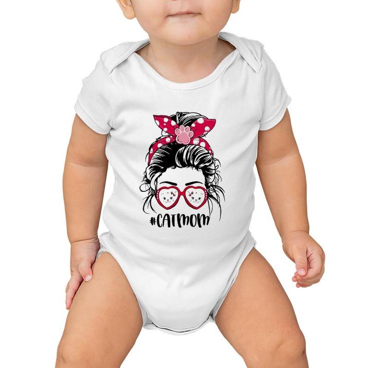 Cat Mom For Cat Faces Lovers Paw Print Heart Sunglasses Mother's Day Messy Bun Hair Polka Dots Bandana Baby Onesie
